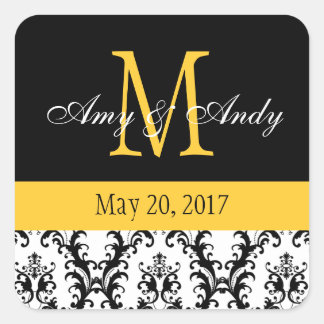 Your Monogram, Save the Date Damask Black Yellow Square Sticker