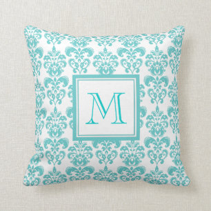 Your Monogram, Teal Damask Pattern 2 Cushion