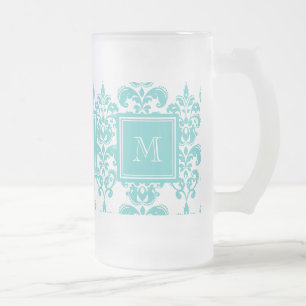 Your Monogram, Teal Damask Pattern 2 Frosted Glass Beer Mug