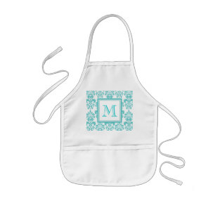 Your Monogram, Teal Damask Pattern 2 Kids Apron