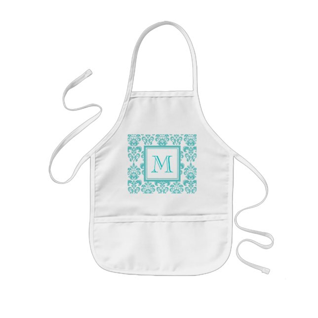 Your Monogram, Teal Damask Pattern 2 Kids Apron (Front)