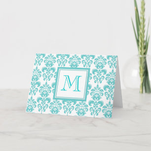 Your Monogram, Teal Damask Pattern 2 Note Card