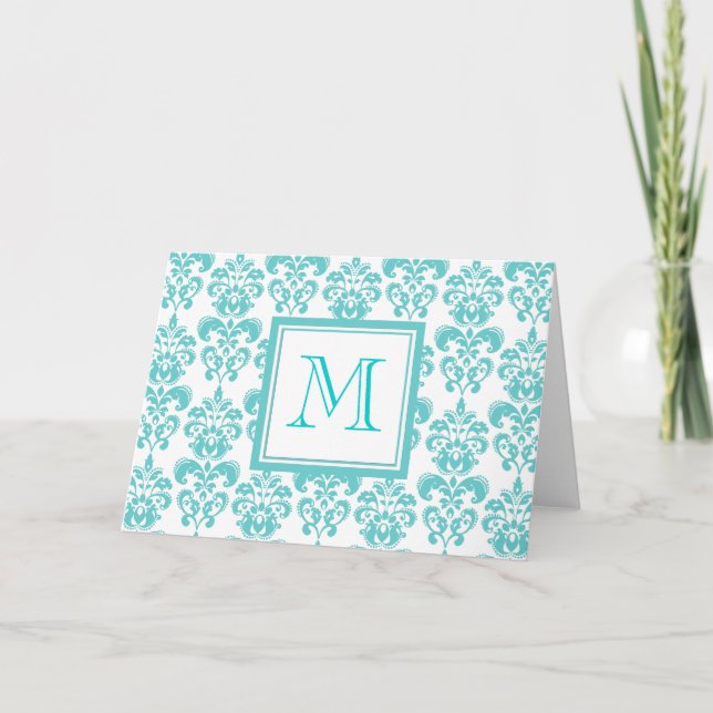Your Monogram, Teal Damask Pattern 2 Note Card (Front)