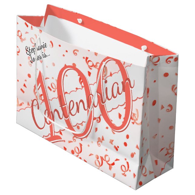 Your Name - 100 Years Centenarian Coral/White  Large Gift Bag (Front Angled)