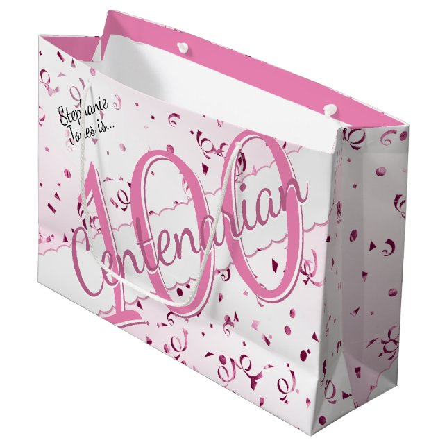 Your Name - 100 Years Centenarian Pink/White  Large Gift Bag (Front Angled)