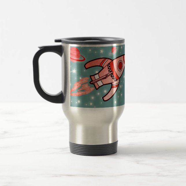 Your name 4 letters rocket space red teal kids mug (Left)