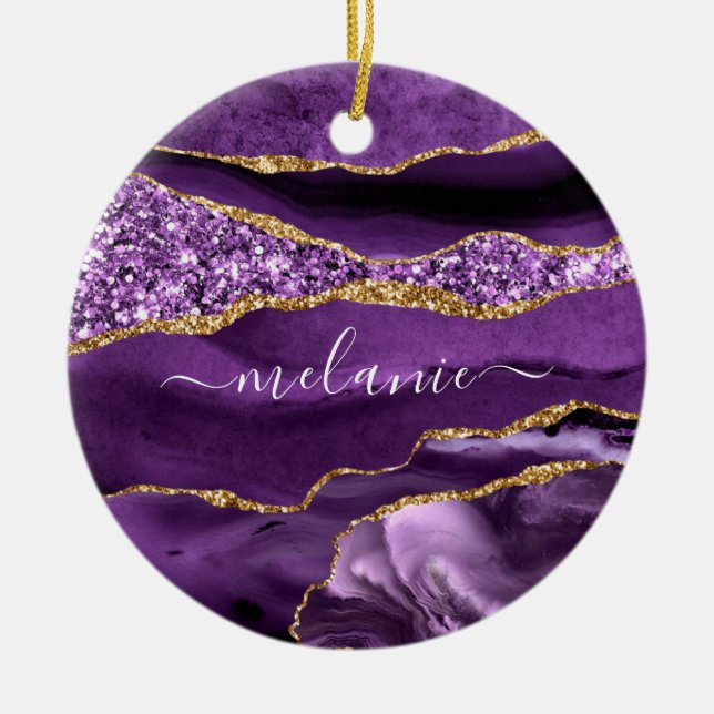 Your Name Agate Purple Violet Gold Glitter Marble Ceramic Tree Decoration (Front)
