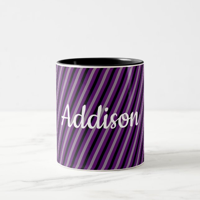 Your Name and Colour on Black and Grey Striped Two-Tone Coffee Mug (Center)