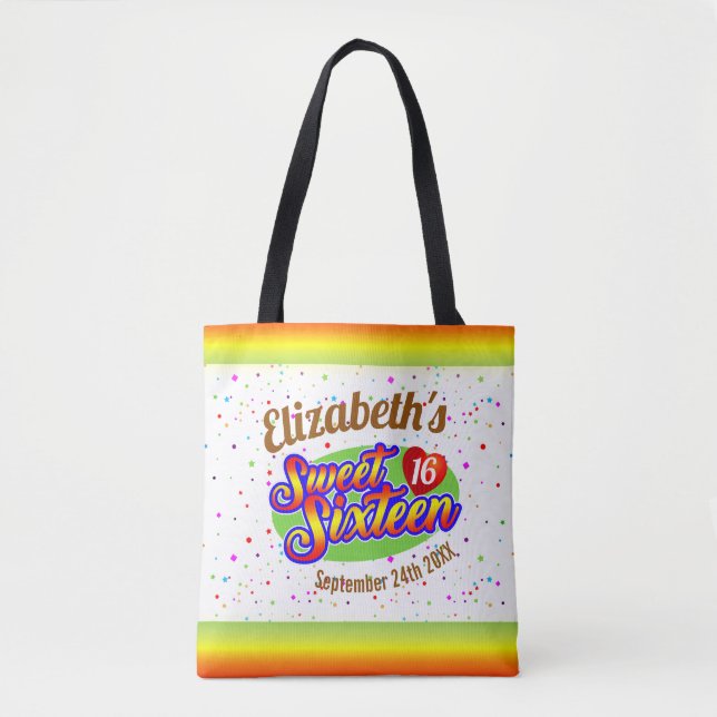Your Name and Date on Colourful Sweet 16 two sided Tote Bag (Front)