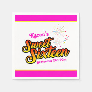 Your Name and Date Pink and Yellow Sweet Sixteen Napkin