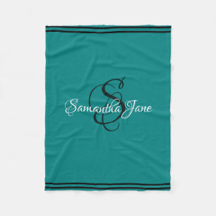 Your Name and Initial Teal Black & White Script - Fleece Blanket