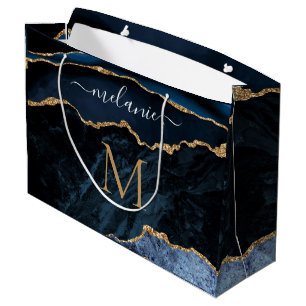 Your Name and Letter Gift Bag Agate Navy Blue Gold