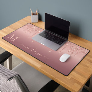 Your Name and Letter Rose Gold Blush Glitter Desk Mat