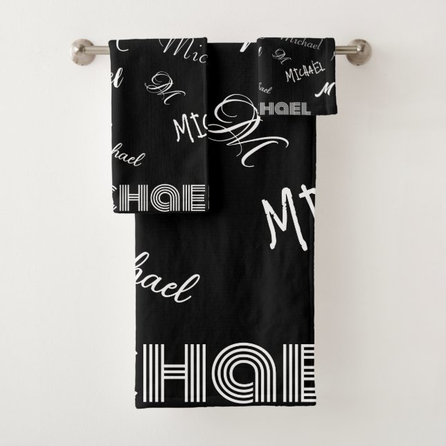Your name and monogram custom pattern black bath towel set (Insitu)