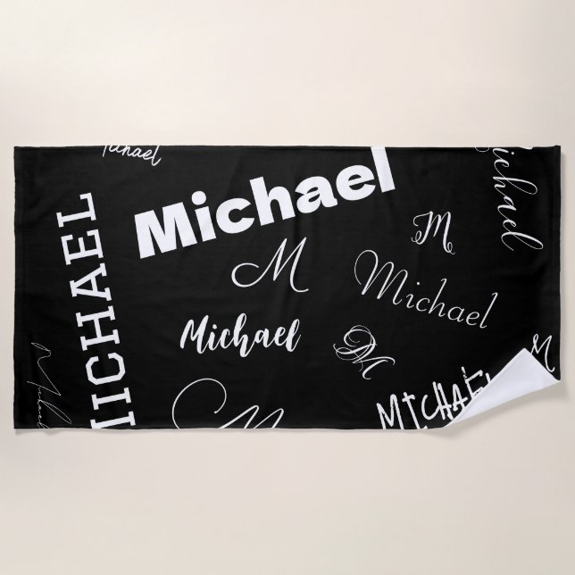 Your name and monogram custom pattern black beach towel (Front)