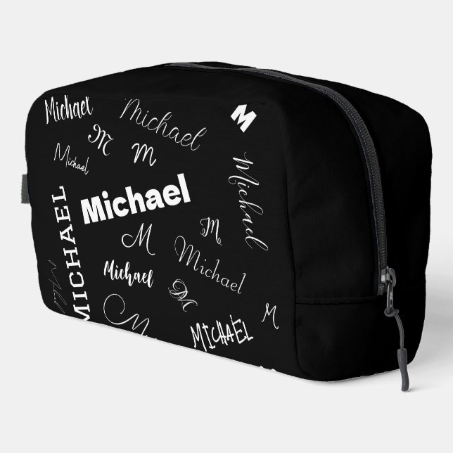 Your name and monogram custom pattern black dopp kit (Right Corner)