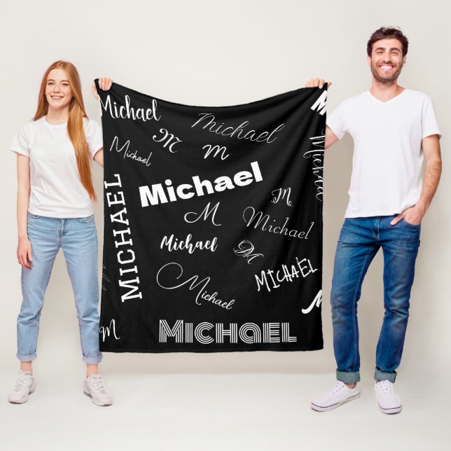 Your name and monogram custom pattern black fleece blanket (In Situ)