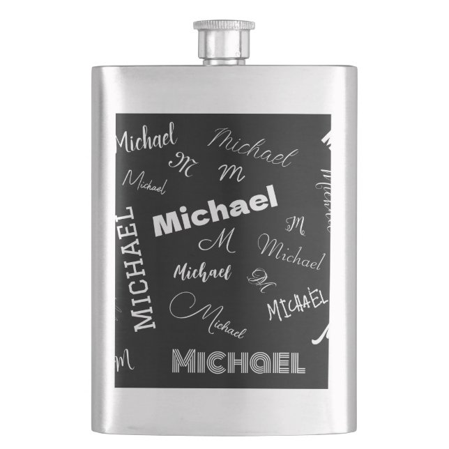Your name and monogram custom pattern black hip flask (Front)