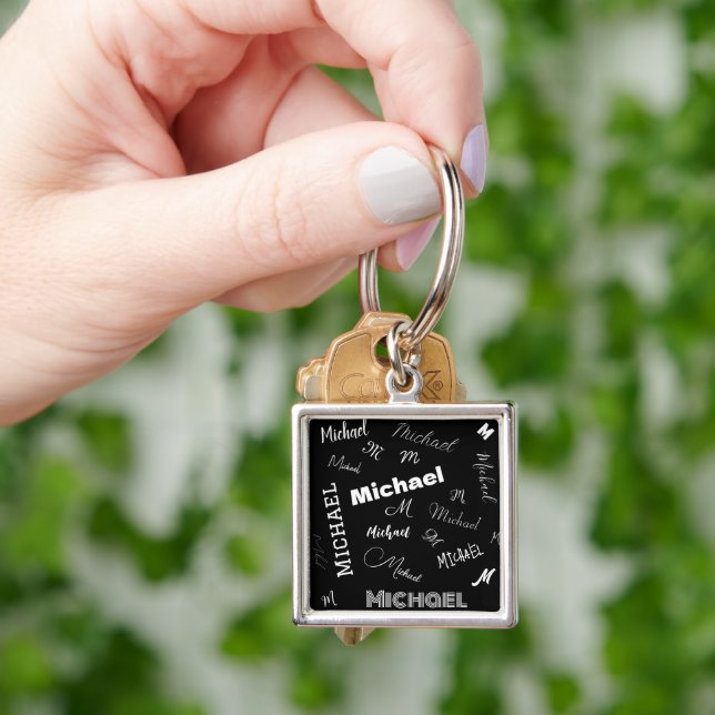 Your name and monogram custom pattern black key ring (Hand)