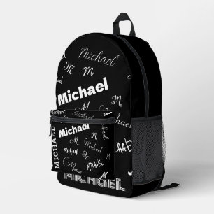 Your name and monogram custom pattern black printed backpack
