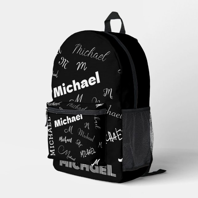 Your name and monogram custom pattern black printed backpack (Back Corner Right)
