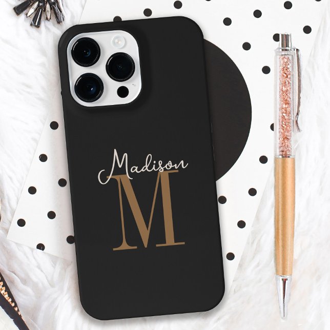 Your Name and Monogram on Flat Black iPhone Case (Simple, modern and classy, personalize this case with your name and monogram initial.)