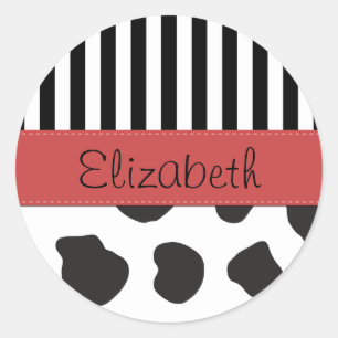 Your Name - Animal Print, Cow Spots - Black White Classic Round Sticker