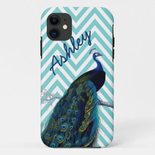 Your Name Aqua Chevron Vintage Peacock iPhone 11 Case