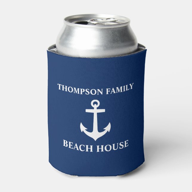 Your Name Beach House Anchor Blue Can Cooler (Can Front)