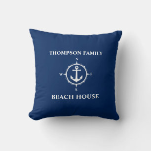 Your Name Beach House Compass Anchor Blue Cushion
