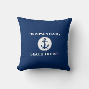 Your Name Beach House Rope & Anchor Blue Cushion