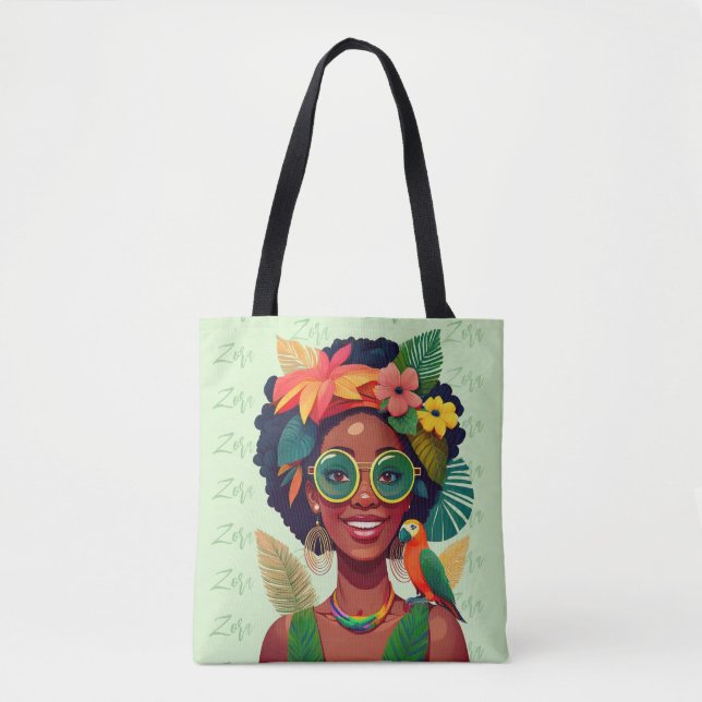 Your Name, Black Woman, Tropical Flowers & Parrot Tote Bag (Front)