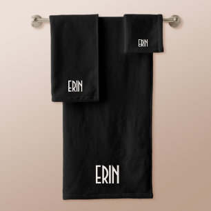 Your Name, Bold White Text   Black Bath Towel Set