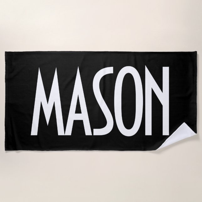 Your Name, Bold White Text | Black Beach Towel (Front)