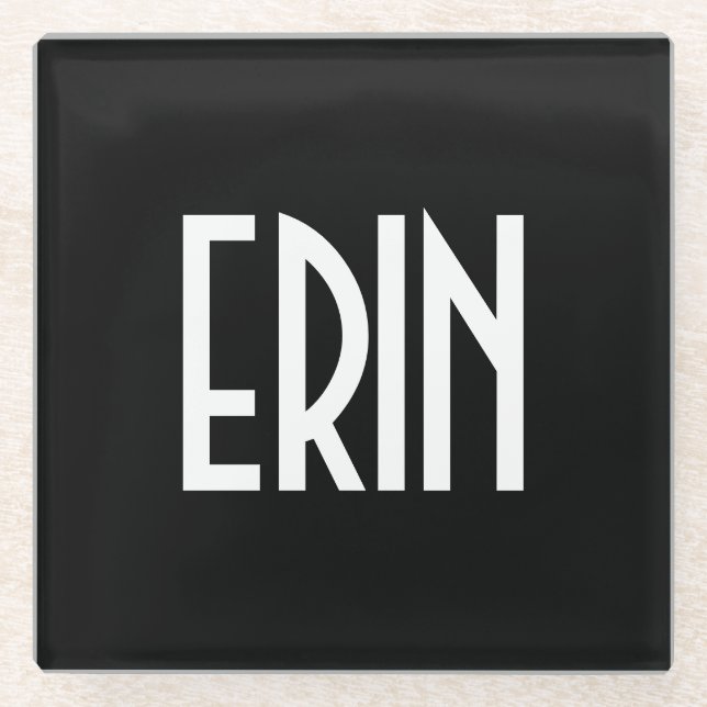 Your Name, Bold White Text | Black Glass Coaster (Front)