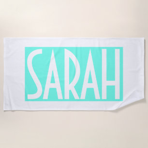 Your Name Bold White Text on Light Aqua Beach Towel