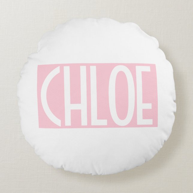 Your Name | Bold White Text on Light Pink Round Cushion (Front)