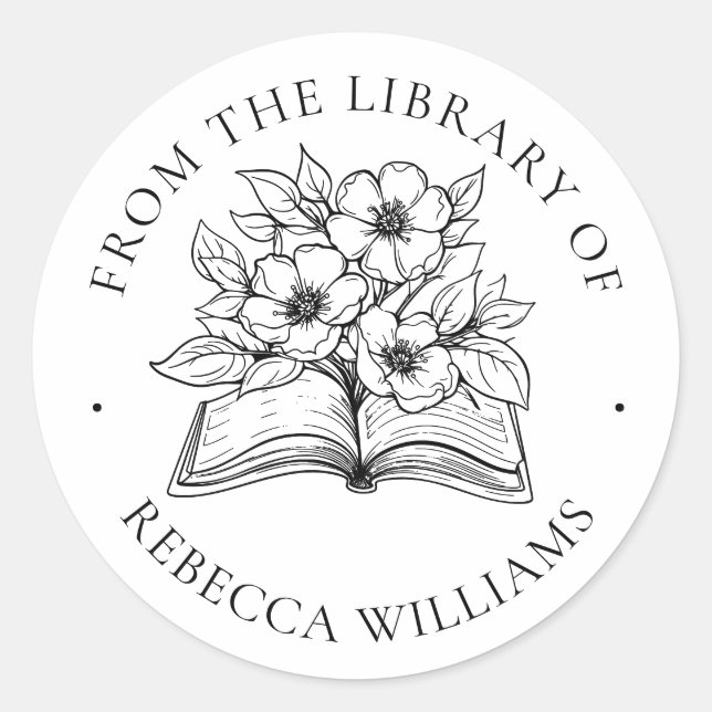 Your Name Book & Flowers Ex Libris Bookplate Classic Round Sticker (Front)