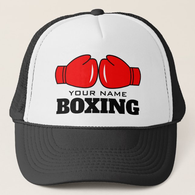 Your name boxing gym trucker hat with boxer gloves (Front)