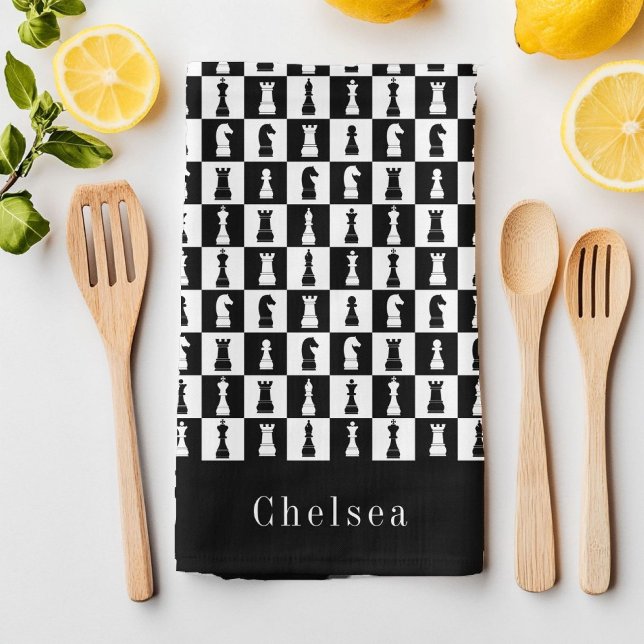 Your Name Chess Game Figures Pattern Black & White Tea Towel (Your Name Chess Game Figures Pattern Black & White Kitchen Towel)