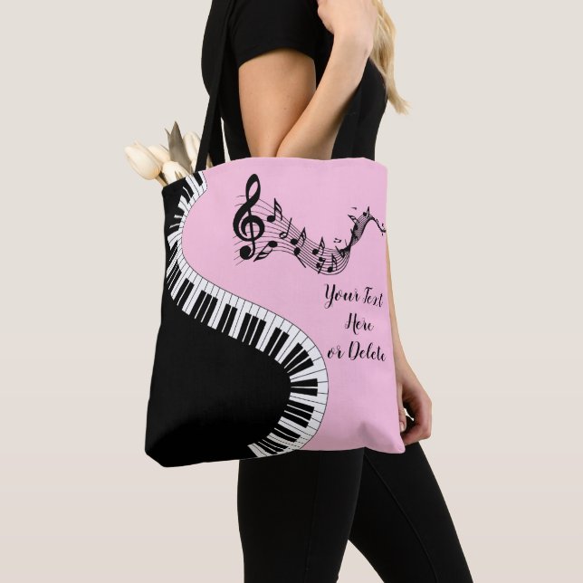 Your Name/Colour Pink Treble Clef Piano Keys Music Tote Bag (Close Up)