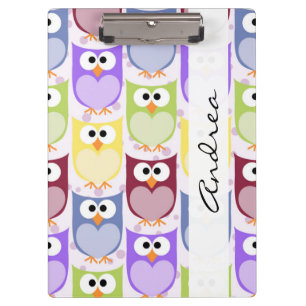 Your Name - Colourful Owls - Green Blue Purple Clipboard