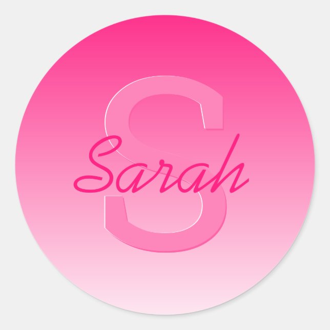 Your Name Cute Customisable Pink Ombre & Monogram Classic Round Sticker (Front)