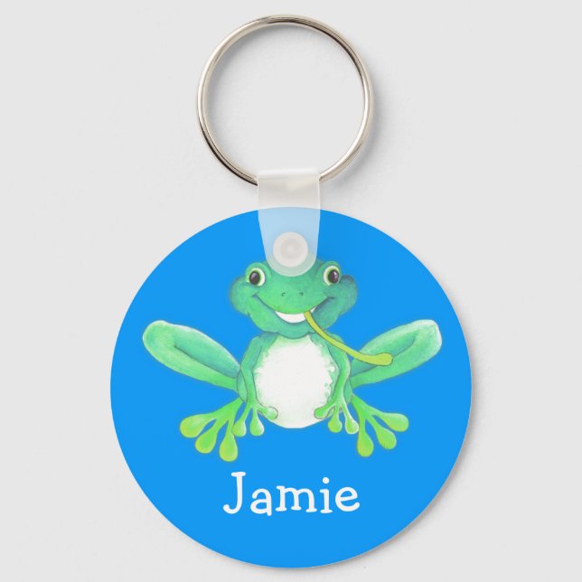 Your name cute fun frog green blue keychain (Front)