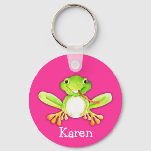 Your name cute fun frog pink green keychain