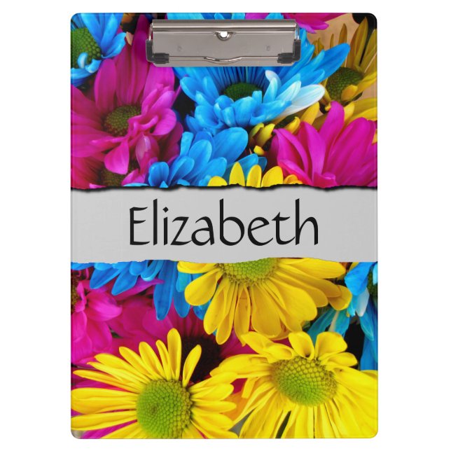 Your Name - Daisy Flowers, Blossoms - Blue Yellow Clipboard (Front)