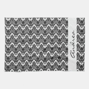Your Name - Damask, Ornaments, Swirls - Black Tea Towel