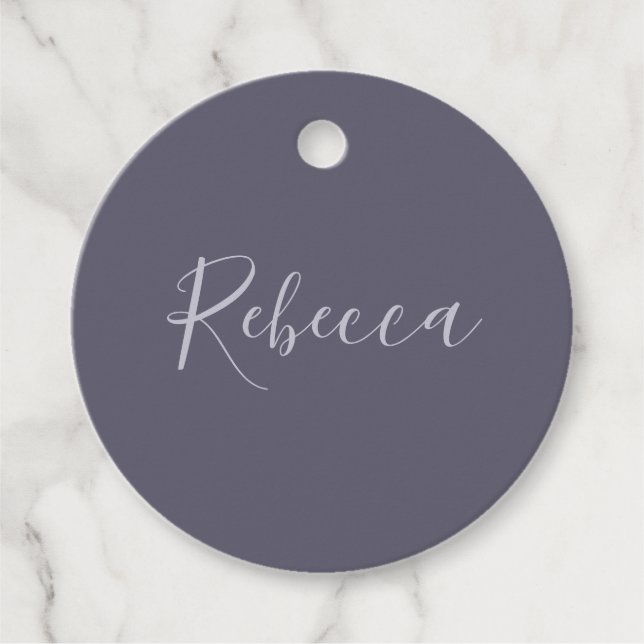 Your Name | Elegant Lavender Script on Hazy Purple Favour Tags (Front)