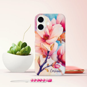 Your Name Elegant Pink Magnolia Blossoms iPhone 16 Case