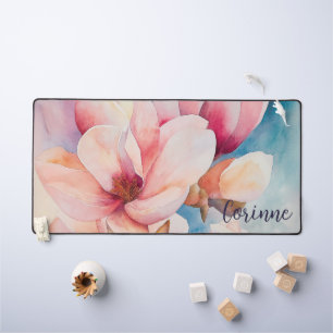 Your Name Elegant Pink Magnolia Blossoms Desk Mat